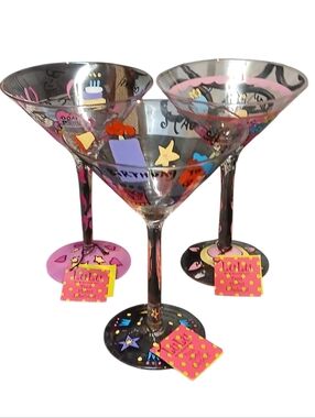 LuLu -NWT Set Of 3, Happy Birthday Cocktail Glasses Different Design On Each one